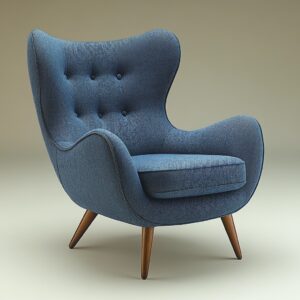 sillón azul con patas de madera maciza